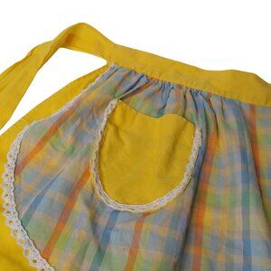 Vintage 1960s Apron Yellow Orange Blue Green Plaid Retro Kitchen Cook Bake